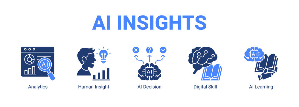 AI Insights web banner icon concept, with Analytics, Human Insight, AI Decision, Digital Skill.