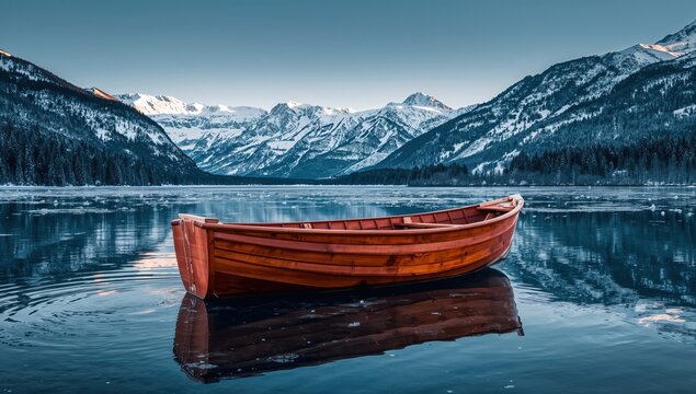An empty rustic wooden boat rests on a partially frozen mountain lake reflecting the surrounding snowy peaks and winter scenery in a serene landscape