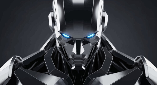 Close-up of a sleek, chrome-plated futuristic robot with glowing blue eyes, symbolizing artificial intelligence and advanced technology.