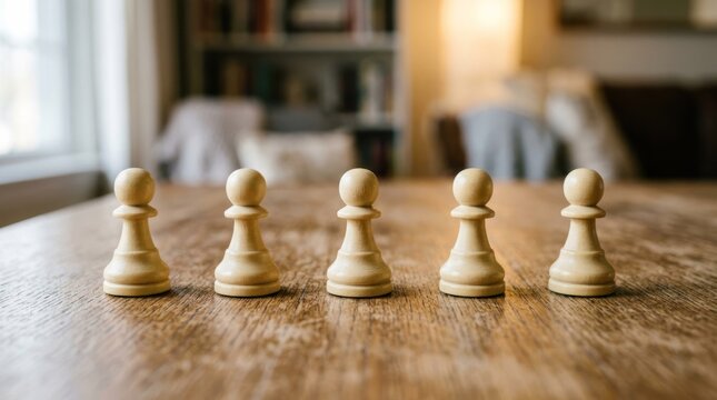 Five white chess pawns on a wooden table in a dimly lit room with a window in the background.