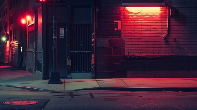 Neon lit urban street corner at quiet night