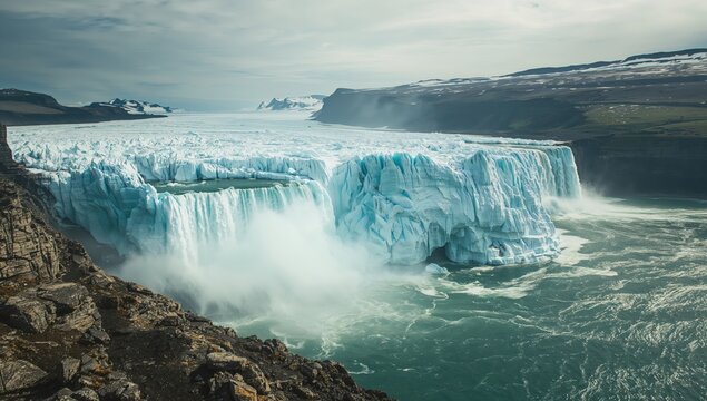 Dramatic landscape of a crumbling glacier edge with ice blocks falling into the ocean water creating a misty splash against a rocky coastline