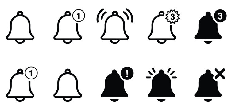 Bell notification vector icons collection featuring alert symbols, notification badges, and interface status indicators in modern style