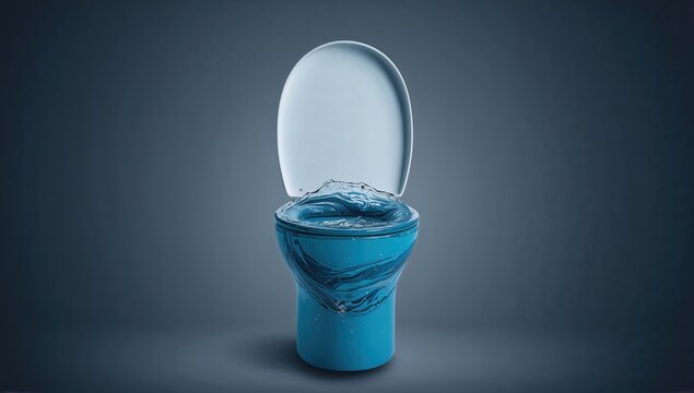 A conceptual 3d illustration of a toilet commode formed entirely from vibrant blue water splashes and liquid droplets against a dark studio floor