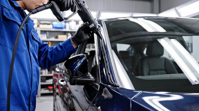 Auto Mechanic Applying Sealant to Car Windshield