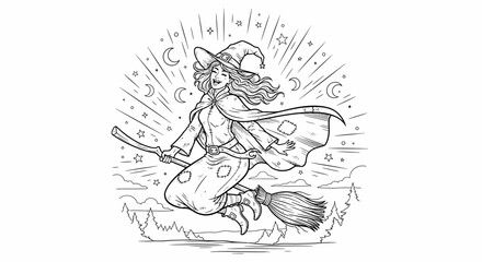 Obraz premium Happy witch flying on a broomstick, magical woman illustration with stars and moon, fantasy art for Halloween coloring book