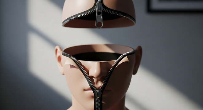 A surreal image of a human head sculpture with a zipper opening the top, revealing an empty interior, symbolizing introspection or hidden thoughts.