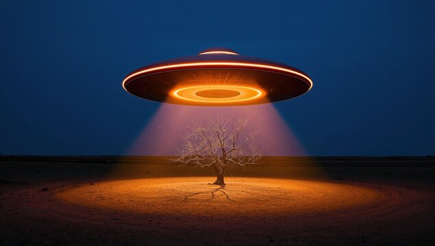 A cinematic saucer-shaped unidentified aerial phenomenon hovers over a single tree in a dark landscape, projecting a warm orange glow and light beams during blue hour