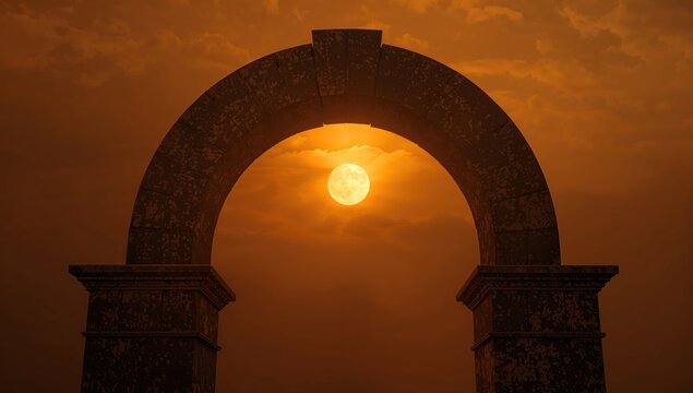 A centered golden sun aligned perfectly within a dark silhouette of a stone arch against a hazy orange and yellow sky during a moody sunset
