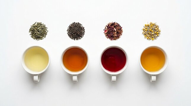 Assorted tea varieties in white cups including green black hibiscus and chamomile representing healthy lifestyle and wellness