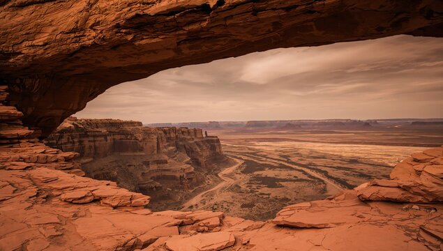 A close up view looking through a geological rock arch towards a wide expansive canyon floor with rugged cliffs and shrubland under a moody sky