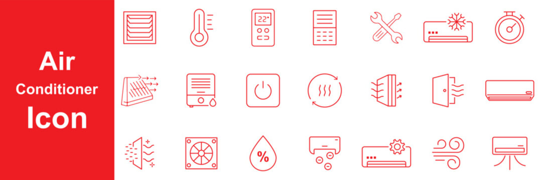 Collection of air conditioner and cooling icons with remote control air flow, Heating Systems, Ventilation, Temperature Regulation, Smart Thermostats, Cooling  vector illustration