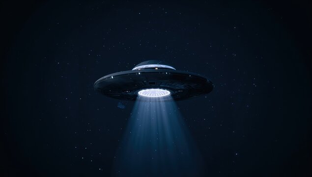 A 2D pixelated alien spacecraft emits a powerful white light ray while floating amidst a starry dark blue night sky galaxy background environment