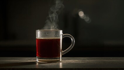Fototapeta premium A transparent glass mug filled with hot dark liquid emitting visible steam, resting on a textured surface under dramatic low-key cinematic lighting