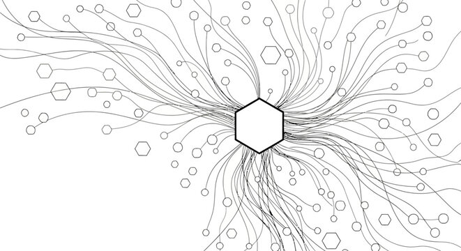Abstract network of lines, hexagons, and circles on white background