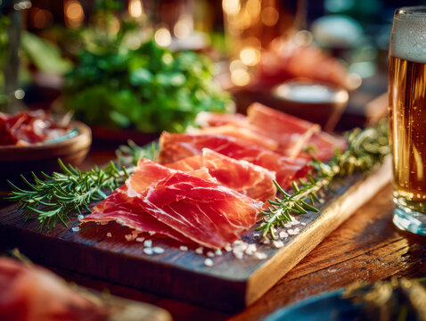 Slices of cured ham served on a wooden board with fresh rosemary and coarse salt accompanied by a glass of cold beer in a cozy dining setting