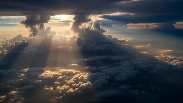 sun rays breaking through clouds over aerial sky with golden hour light