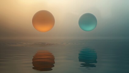 Obraz premium Abstract concept of orange and teal glowing orbs hovering above reflective water with ripples under a soft hazy ambient light during dawn or dusk