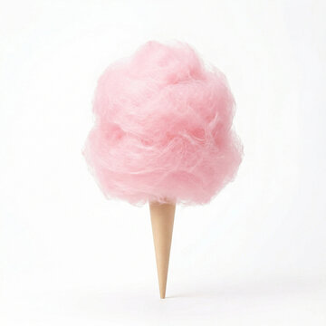 Pink cotton candy on a wooden cone against a white background  