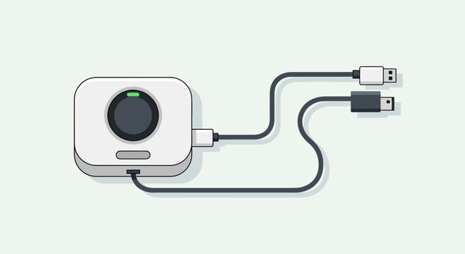 Compact USB charging device connected to a charging cable.