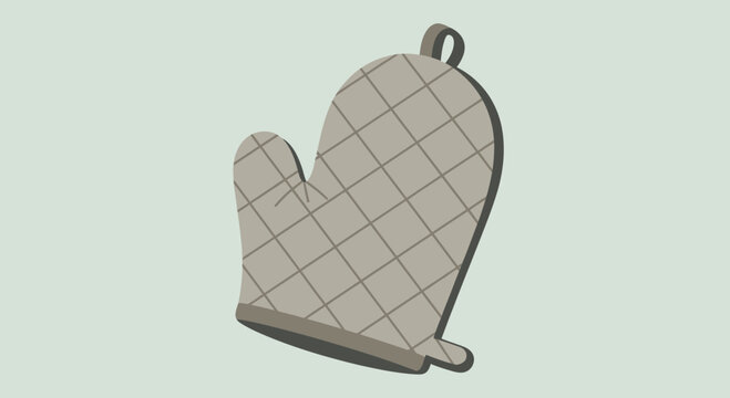 Isolated beige oven mitt with textured grip and thumb loop on neutral background.