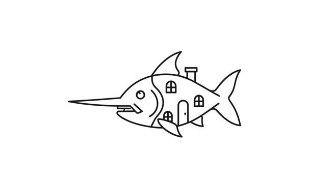 Whimsical Marlin Fish House Hybrid with Windows and Chimney, Surreal Art