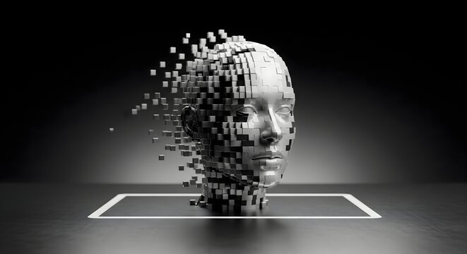 Digital human head dissolving into pixels.