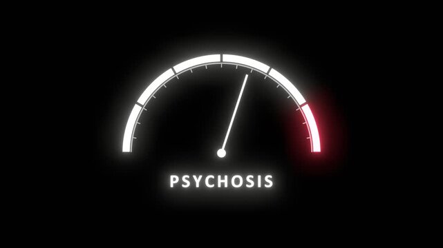 Neon glowing psychosis meter showing big risk levels. Dangerously increasing values of psychosis, critical overload. Too much, off the charts. Abstract meter scale with arrow. Mental health concept.