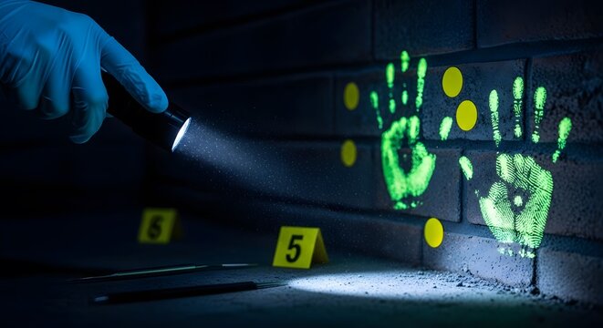 Forensic investigation of glowing handprints on a brick wall