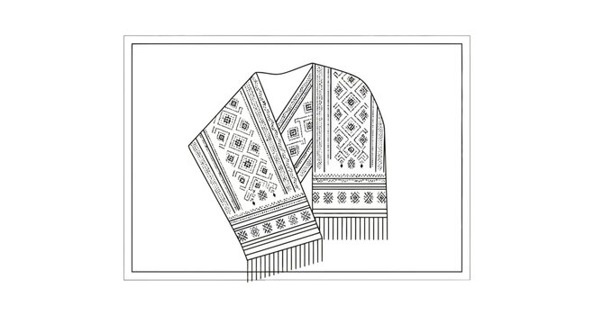 Traditional ethnic woven shawl with fringe and geometric patterns, black and white sketch