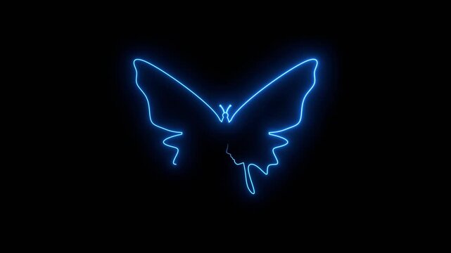 Silhouettes of two head. A butterfly or two face profile view. Optical illusion. Human head make silhouette of insect. Neon glowing.