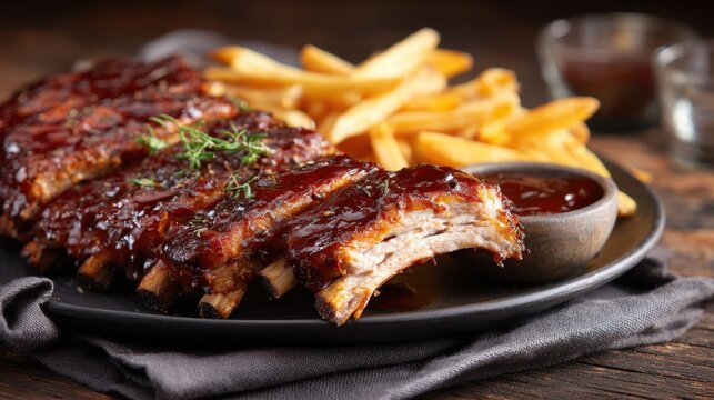 Plate of glazed barbecue ribs garnished with fresh herbs served with golden crispy fries and a side of rich smoky dipping sauce on rustic wooden table