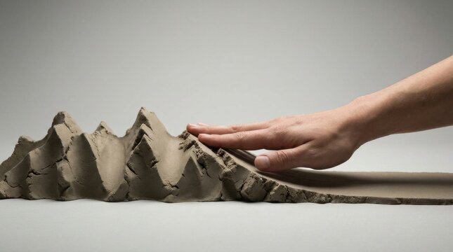 Hand holding a clay mountain in a creative representation of nature and artistic expression