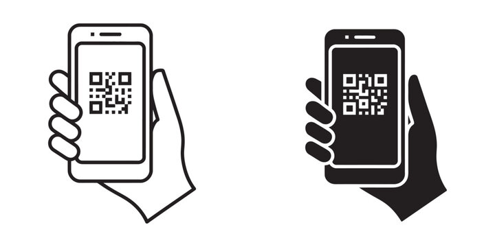 QR code featuring mobile phone scanning interface, hand holding smartphone with digital scanner symbol, clean vector illustration for apps and technology design