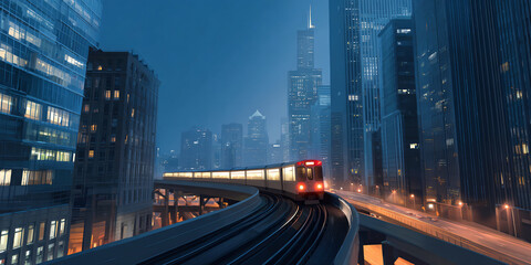 Fototapeta premium A modern metro train travels along elevated tracks through a nighttime cityscape with illuminated skyscrapers and atmospheric haze