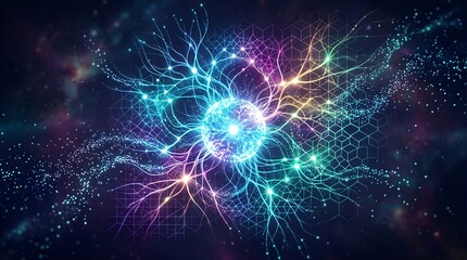 Fototapeta premium Abstract Artificial Intelligence Concept with Glowing Neural Network and Digital Particle Flow Background