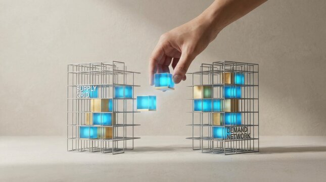 Hand reaching into a caged box with blue light to illustrate the concept of energy market exchange and access
