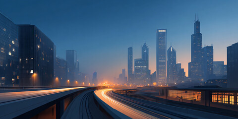 Fototapeta premium Urban night scene with elevated highway, light trails from traffic flow, and illuminated skyscrapers in misty twilight
