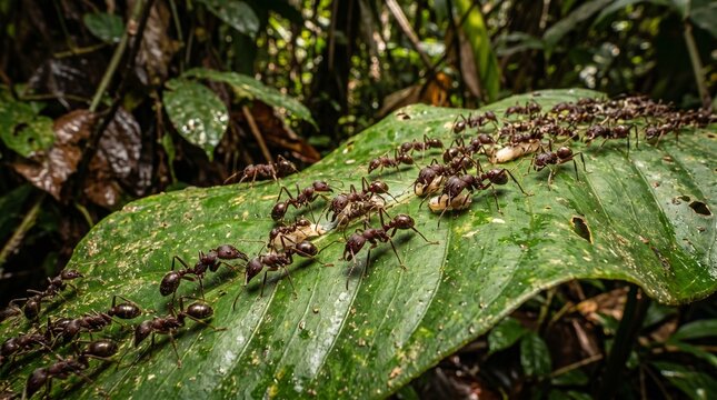 Leafcutter ants carrying foliage a tropical rainforest ecosystem scene