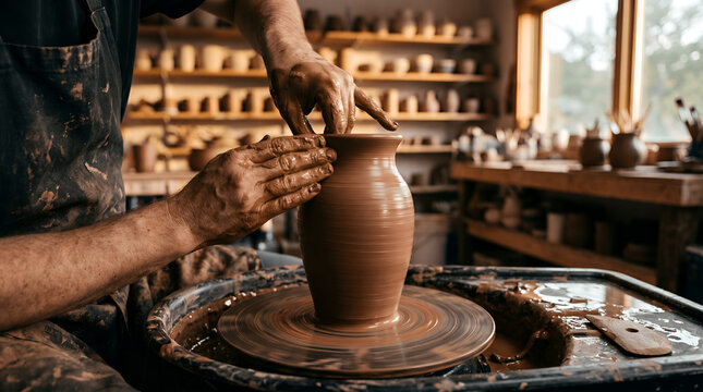 Potter hands shaping ceramic vase on wheel in professional studio workshop