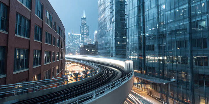 Elevated train traveling along curved tracks through Chicago's illuminated urban skyline at dusk