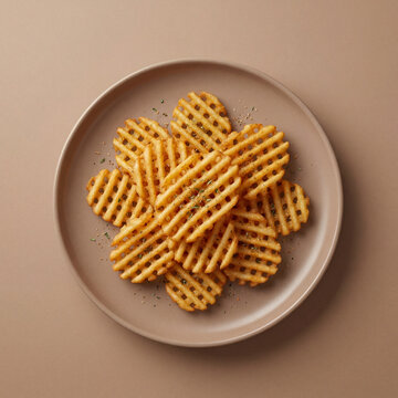 Waffle-cut halal fries with delicate seasoning arranged on plate captured for gourmet street food photography