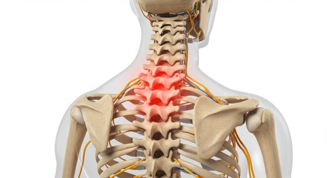 Human cervical spine anatomy with red pain highlight and nerves isolated on white background