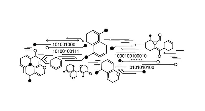 Interconnected chemical structures and binary code science concept