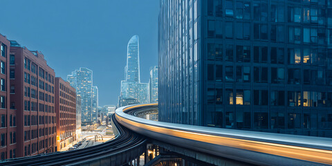 Fototapeta premium Urban elevated railway train gliding through skyscrapers at twilight with illuminated glass facades and motion-blurred light trails