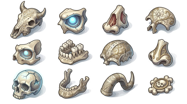 Isometric icon set of various animal skulls and bones illustrations