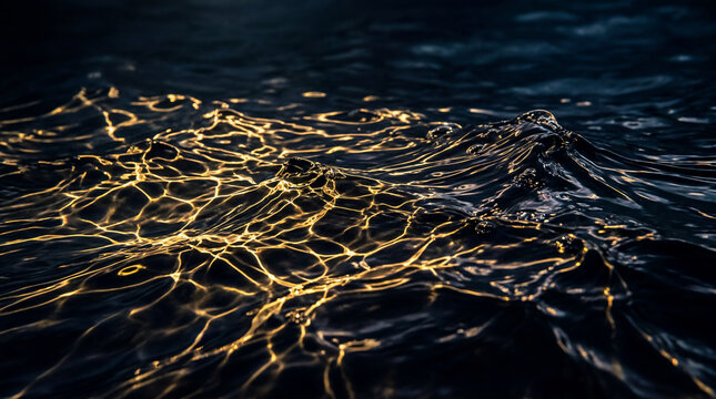 Intricate Mesh of Golden Light Caustics on Dark Deep Sea Water Stunning Underwater Light Photography Concept