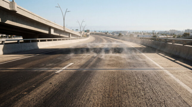 Sunlit concrete overpass deck radiating heat with silvery waves photographed for surreal urban infrastructure imagery
