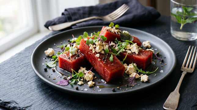 Compressed watermelon rectangles with feta-style tofu crumbs macro photography emphasizing refreshing summer dish styling