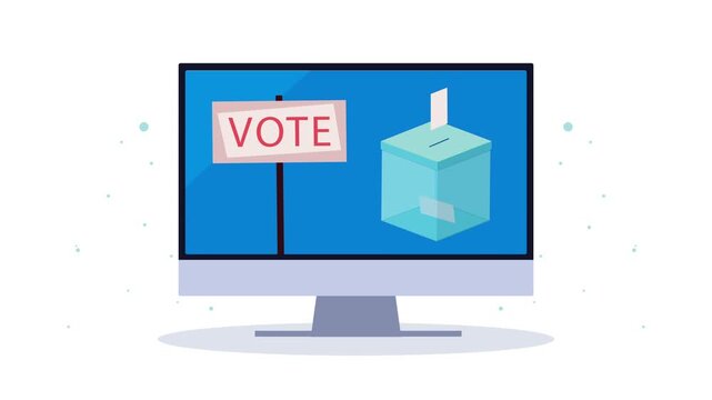 A motion graphic of an online election shows a desktop computer with a ballot box and a vote sign on its screen.